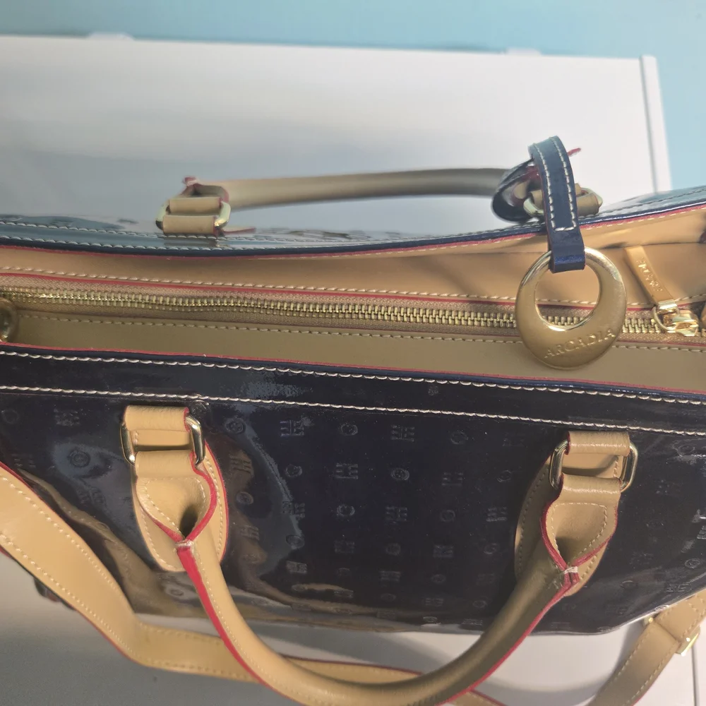 Patent Leather Tote Bag in Navy with Tan Accents